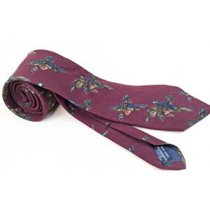 Vintage 80s-90s Lands End Red Maroon Necktie Mallard Ducks Hunting 100% Wool USA